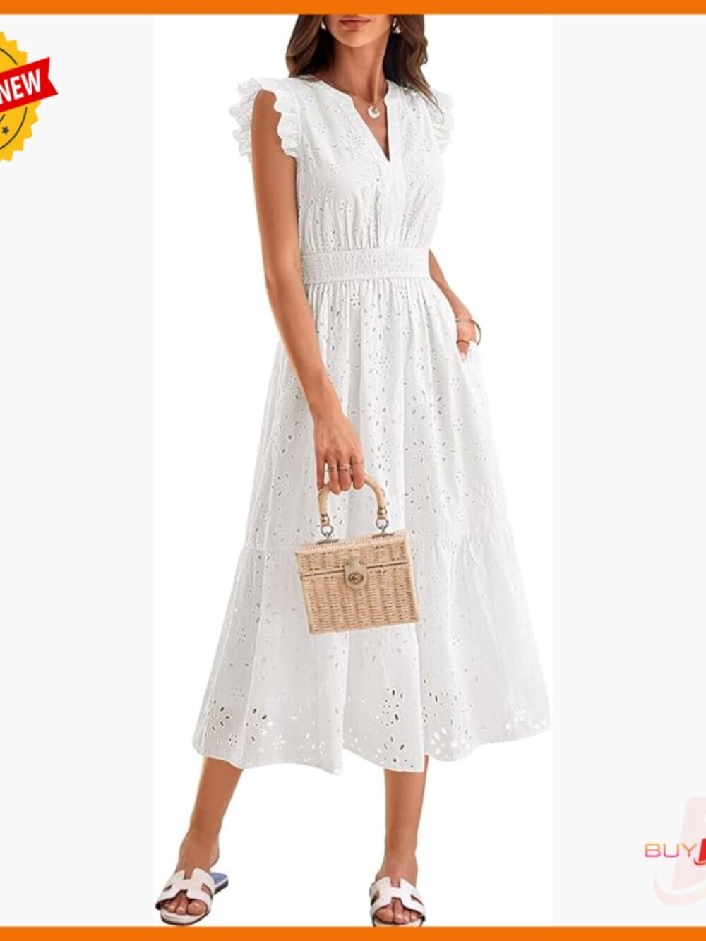 Summer Boho Maxi Dress V-Neck Eyelet Flowy with Pockets